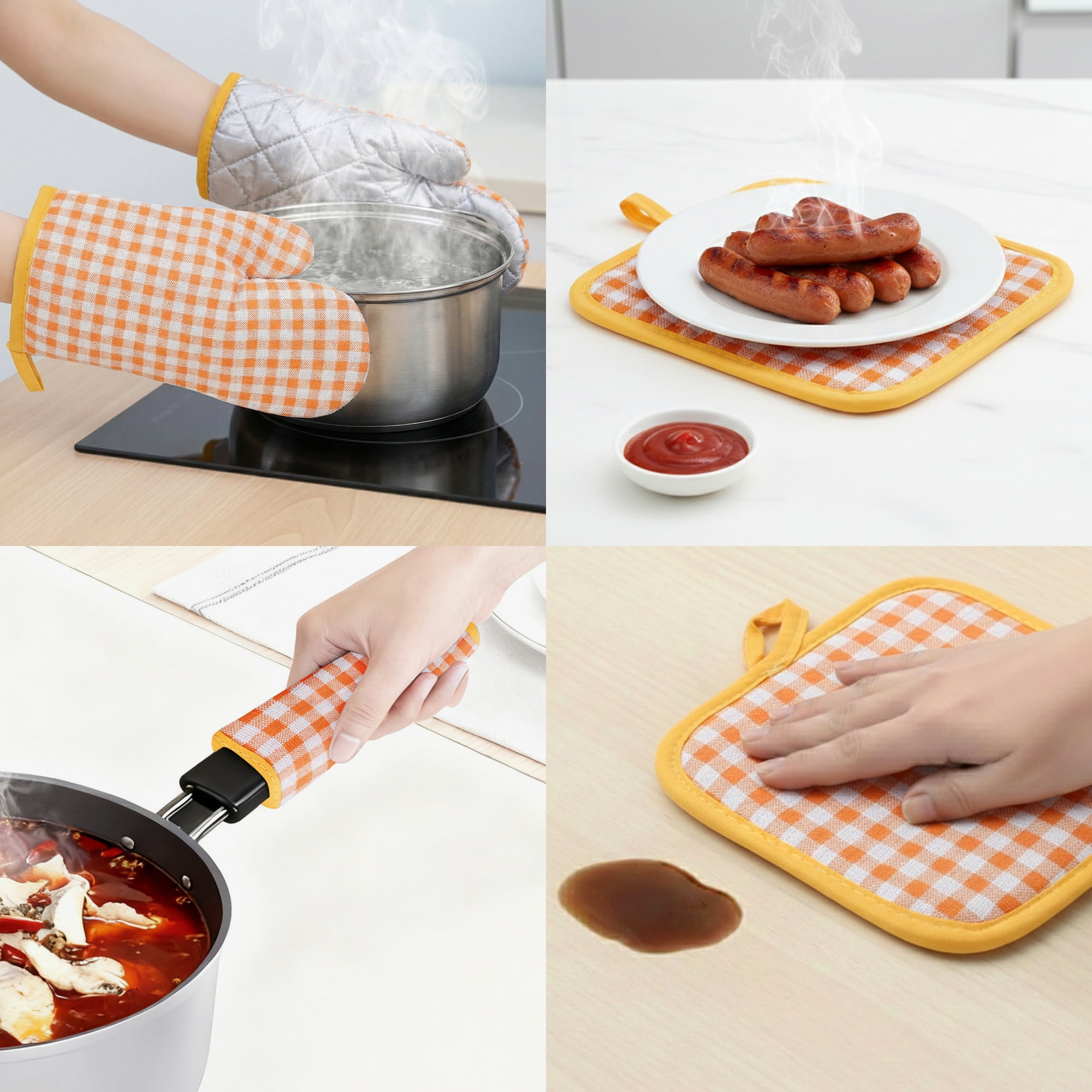 Unique Bargains Oven Mitts Pot Holders Heat Resistant Kitchen Gloves Yellow 10.6x7.1inch