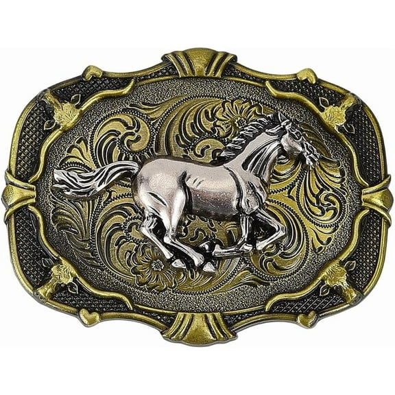 Horse Belt Buckle 3.3x2.5 Inch Bronze Western Cowboy Rodeo Indian Elements Vintage Rectangle Alloy Running Horse Belt Buckle with Engraved Floral Long Horn Bull for Men Women