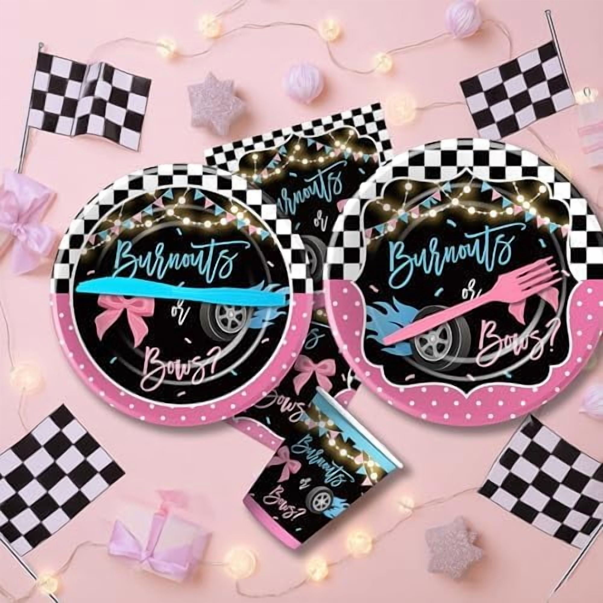 Burnouts or Bows Gender Reveal Decorations Tableware, Boy or Girl Gender Reveal Party Supplies, Plate, Cup, Napkin, Cutlery, Tablecloth, Race Car vs Bows Baby Shower Decorations, Serves 24$$