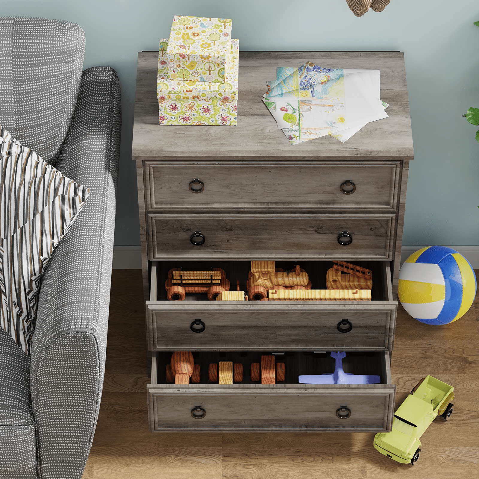Holliwill Modern Drawer Dresser for Living Room, Bedroom, Hallway, Dresser Chest with 4 Drawers, Gray