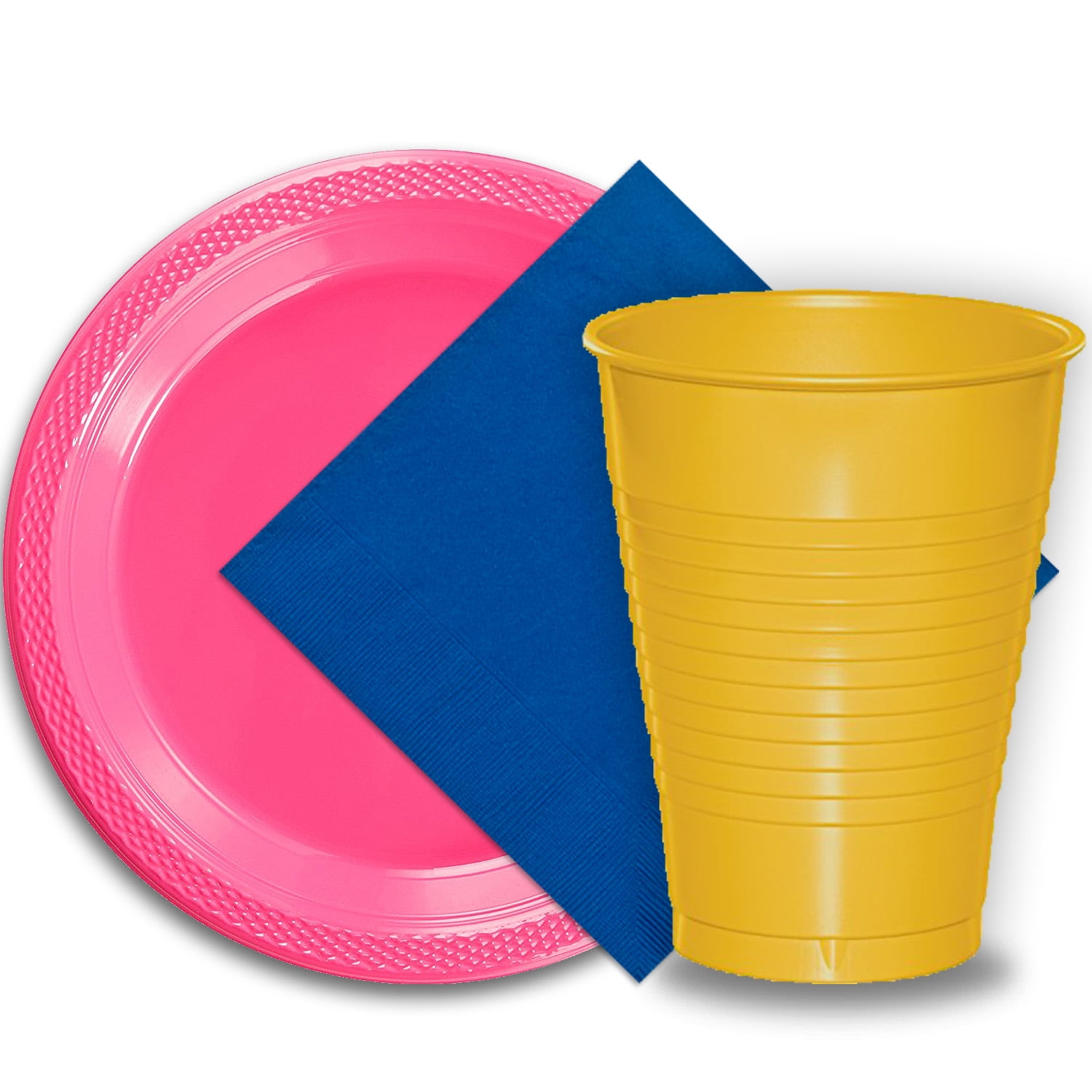 50 Hot Pink Plastic Plates (9"), 50 Yellow Plastic Cups (12 oz.), and