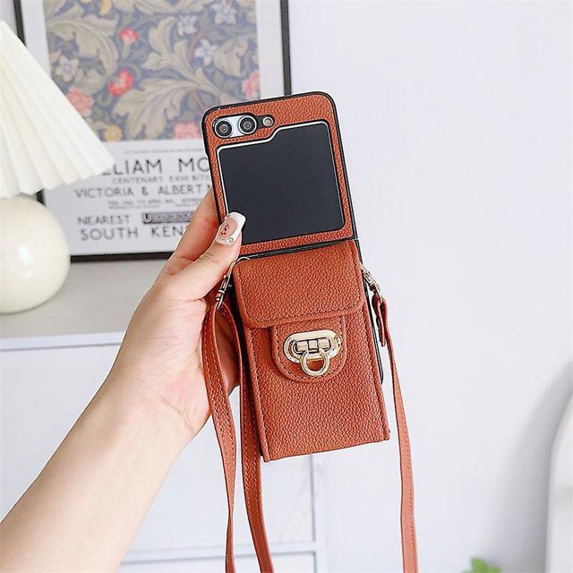 For Samsung Galaxy Z Flip 6 Wallet Case, Lychee Pattern PU Leather Shockproof Case with Crossbody Lanyard & Card Holder