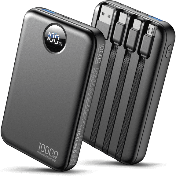 Portable Charger 10000mAh with 4 Built-in Cables 40% Smaller Power Bank Fast Charging Battery Pack,LED Display Compact with Travel Charger for iPhone Other Devices-Black