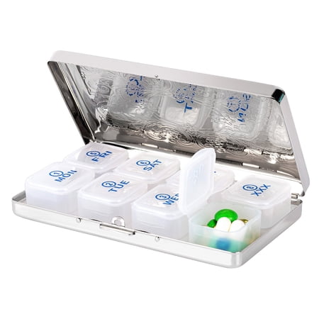 Large Capacity 7-Day 8-Compartment Pill Organizer, Travel Metal Pill Box, BPA-Free Portable Pill Case (Silver)