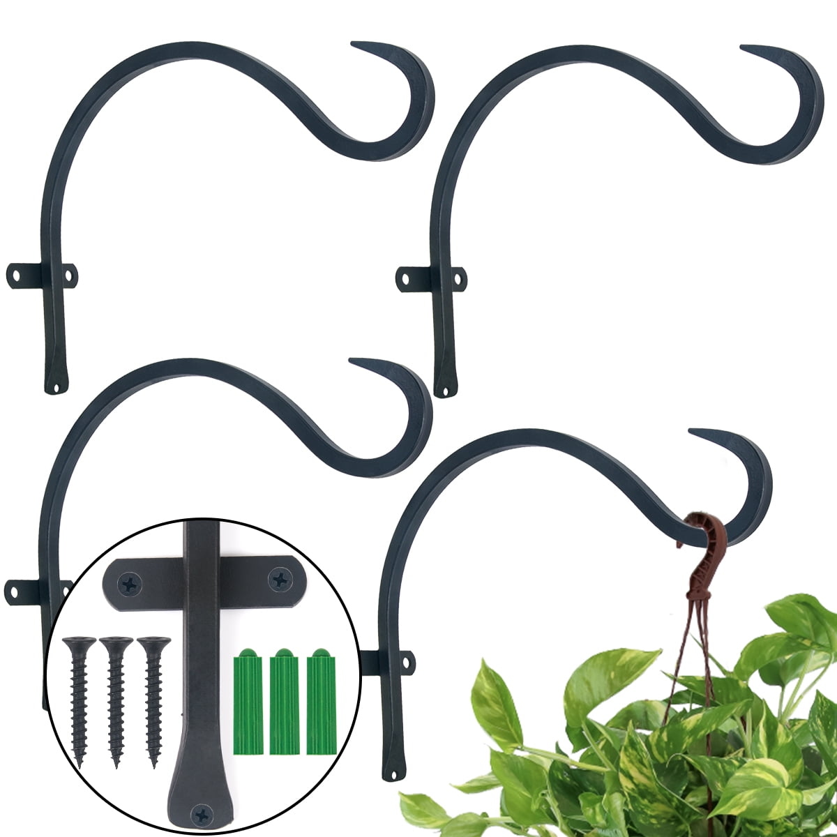 GameXcel Hanging Plant Hanger Outdoor: 12-Inch Metal Bird Feeder Wall Hooks  - 4 Pieces Black Plant Bracket Hook for Hanging Flower Baskets 