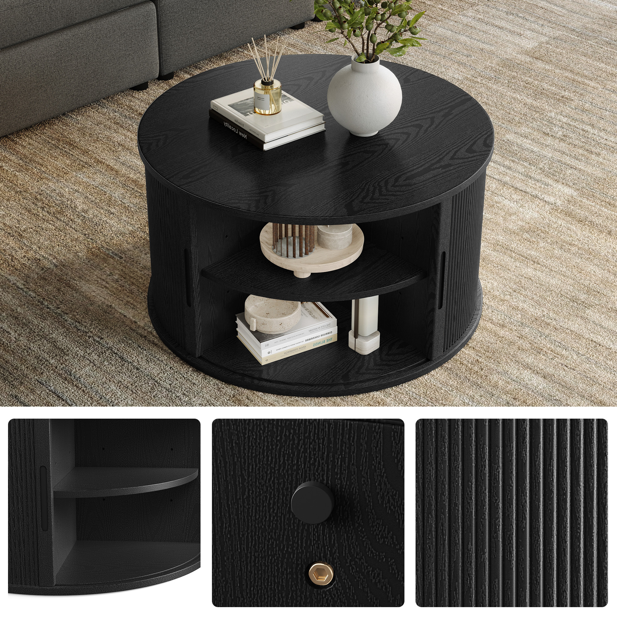 LINSY HOME Fluted Coffee Table Round with Large Storage, Mid-Century Coffee Table for Living Room with Sliding Tambour Door, Black