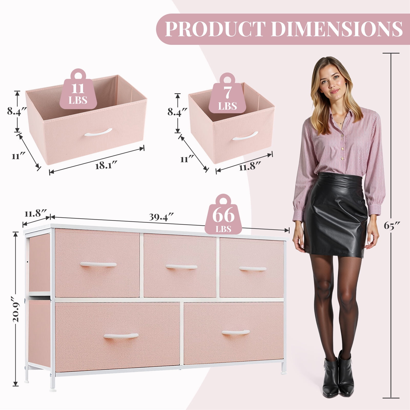 Dresser, Betcozy Storage Organizer with 5 Drawers for Bedroom, Chest of Drawers with Fabric Bins, Sturdy Metal Frame, Wood Tabletop, Pink