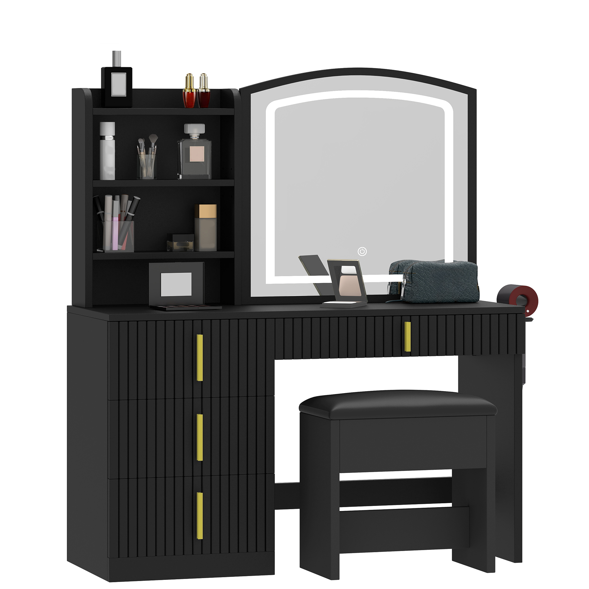 Uforic Large 55.5" Makeup Vanity with 3 Color Lights, Vanity Desk with USB Charging Station, Vanity Makeup Table with 4 Drawers, Hidden and Open Storage Shelves, Black