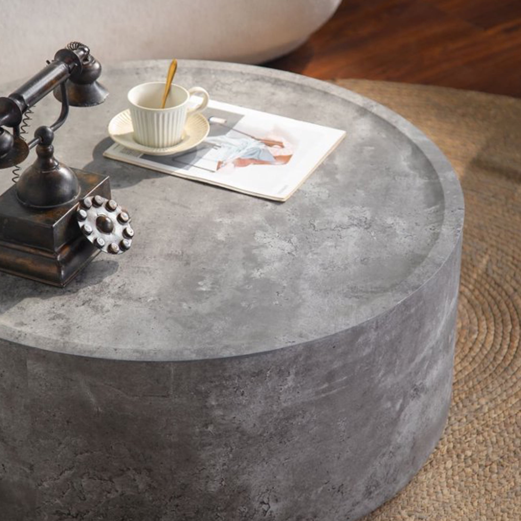 Leumius Round Coffee Table with Faux Concrete Finish, Modern Drum Circle Coffee Table for Living Room Bedroom, No Need Assembly Gray 2