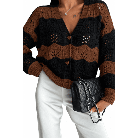 SHEWIN Womens Sweaters Striped Color Block Chunky Cardigans Button Down Long Sleeve V Neck Loose Knit Fall Sweater Coats Fashion