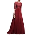 thumbnail image 2 of Joernso Women Prom Party Dress Round Neck Lace Flower Embroidery Half Sleeve Tight Waist Patchwork Floor Length Pleated Lady Fall Winter Maxi Evening Dress, 2 of 8