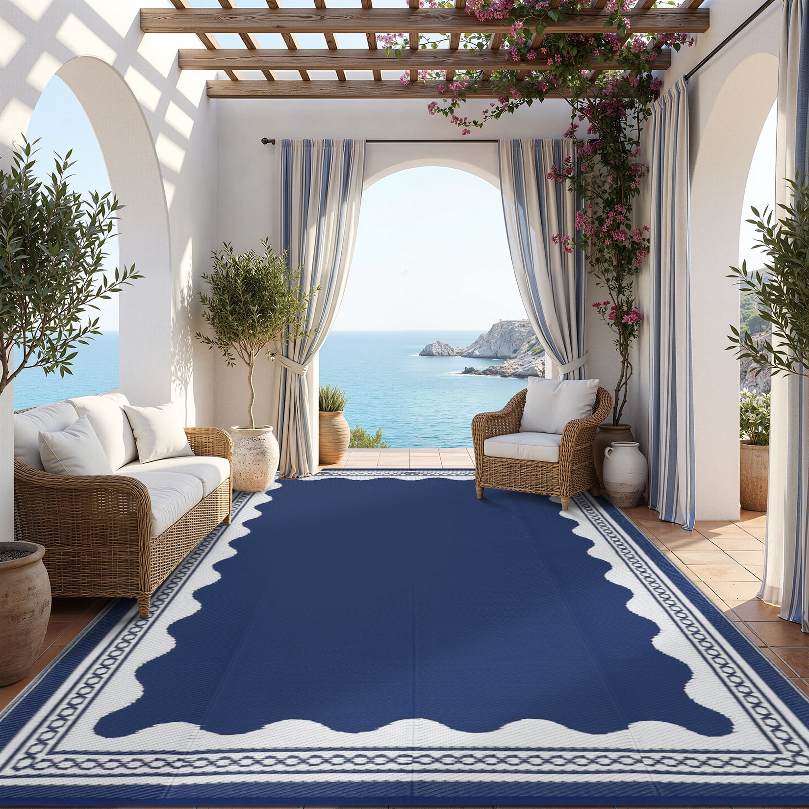Garvee Outdoor Rug 10x14ft Modern Bordered Reversible Plastic Straw Rug, Waterproof RV Camping Rug Foldable Patio Rug for Deck Porch Balcony Backyard Picnic Beach, Dark Blue