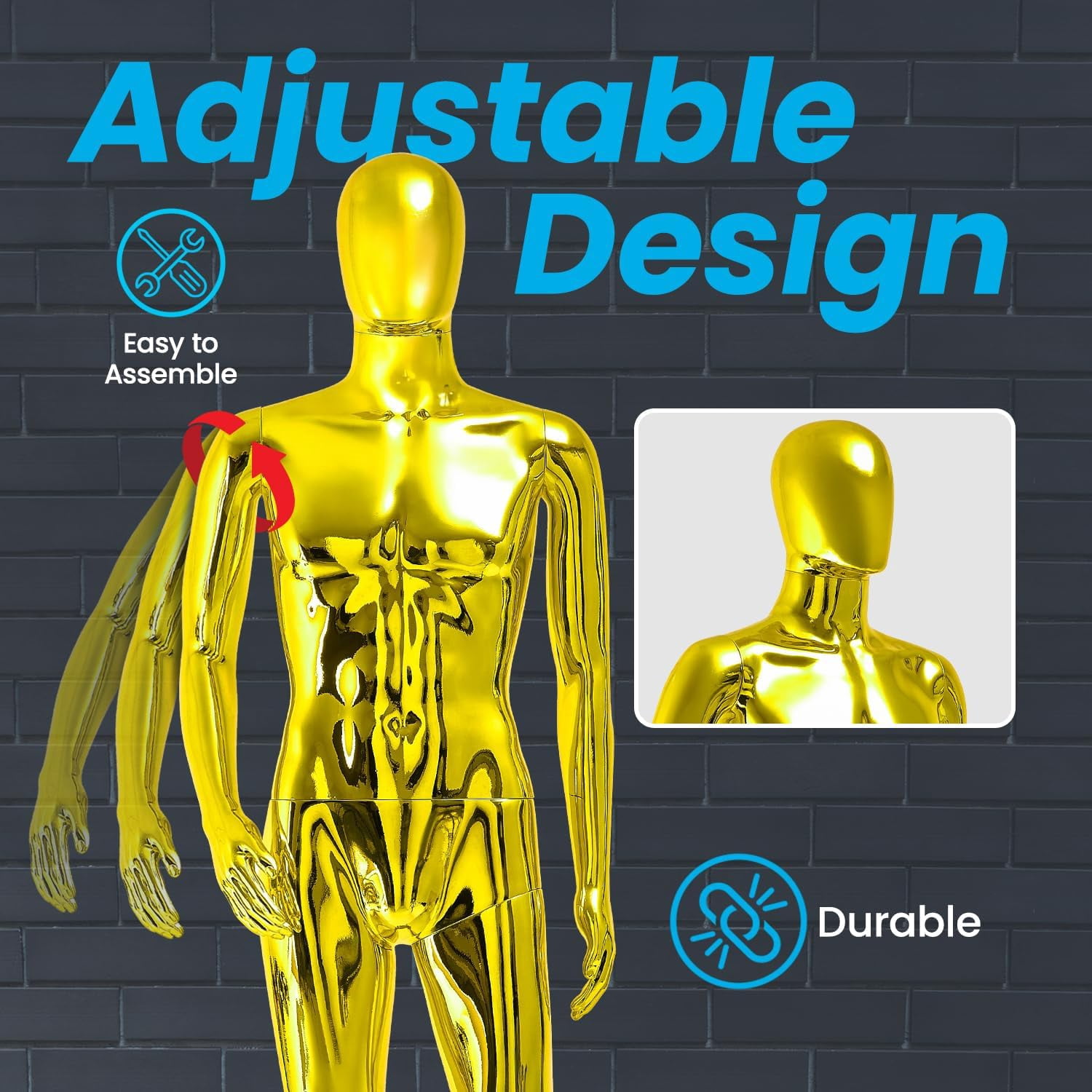 Male Mannequin - Premium Quality Construction, Detailed Dimensions for Realistic Proportions, Sturdy, Durable, and Secure, Versatile Display for Various Clothing Styles, Gold