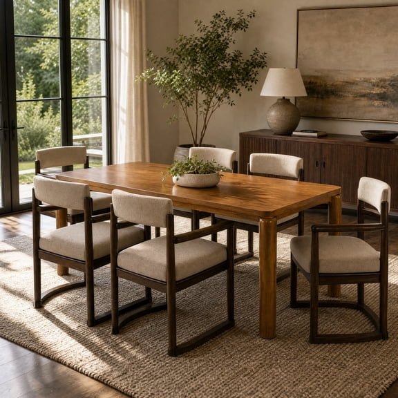 Christopher Knight Home 7-Piece Wood Dining Set, 70" Table and Upholstered Armchairs, Walnut Beige
