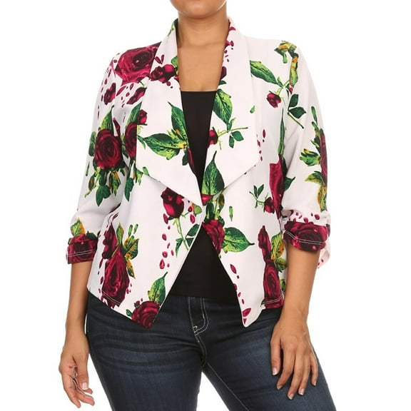 FashionOutfit Women's Stretch Design Printed 3/4 Shirring Sleeve Open Blazer [S-3XL]