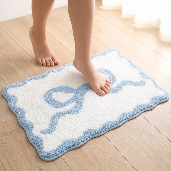 Blue Bow Bathroom Rug 16" x 24" – Scalloped Bow Bath Mat Non-Slip, Cute Coquette Aesthetic Carpet, Preppy Room Decor, Microfiber Absorbent Mat for Bathtub Shower Bedroom Bedroom Gift
