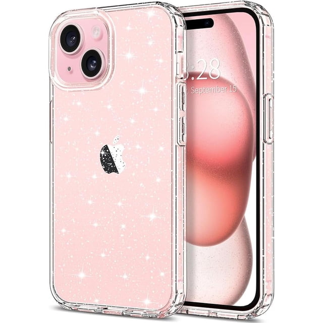 Entronix Funda Transparente con Purpurina Brillante para iPhone 15, Carcasa Fina, Antiamarilla y a Prueba de Golpes, Transparente