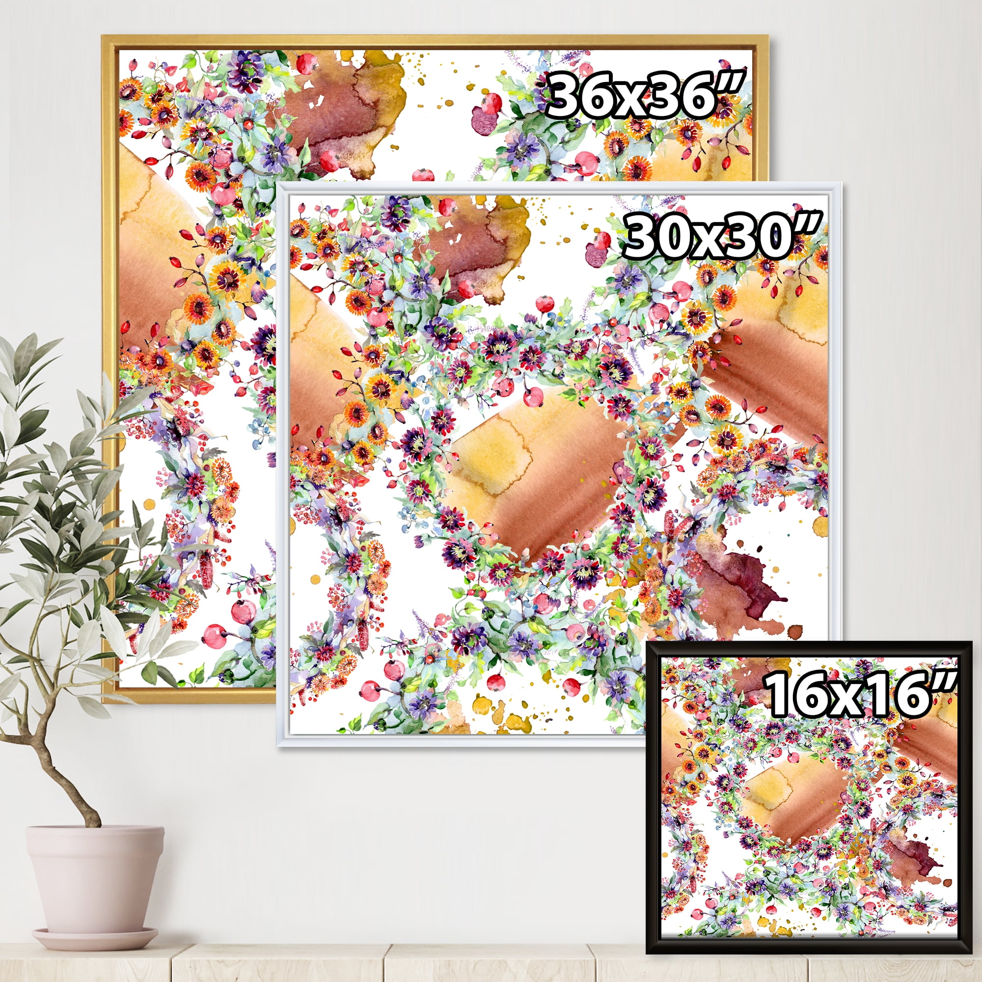 Designart 'Vibrant Wild Spring Leaves, Berries and Wildflowers' Modern Framed Canvas Wall Art Print