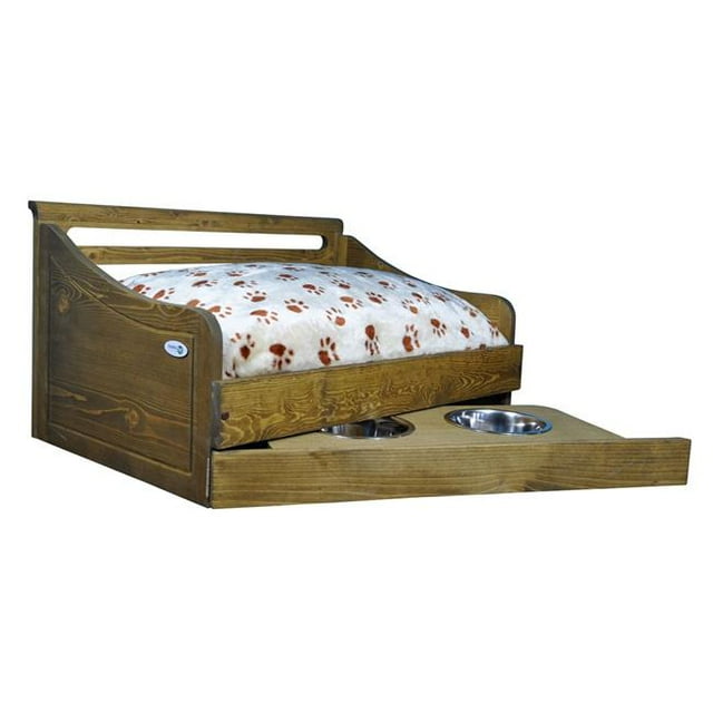 Iconic Pet 52053 Sassy Paws Multipurpose Wooden Pet Bed with Feeder, Rustic Brown - Small