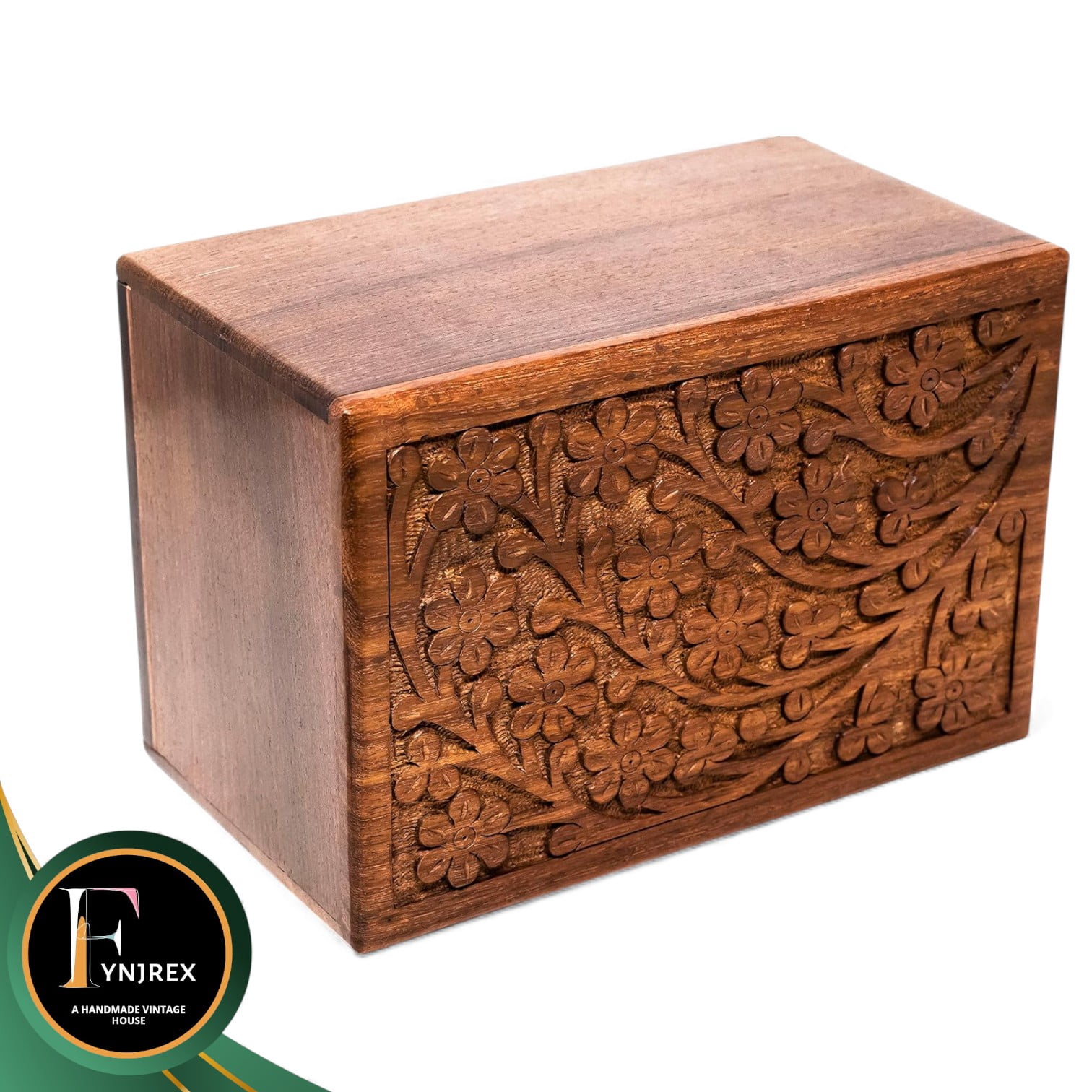 Handcrafted Wooden Cremation Urn for Human Ashes – Large Rosewood Memorial Box with Floral Carving, Keepsake Funeral Urn for Men and Women