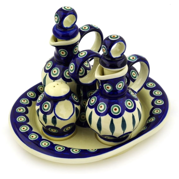 Polish Pottery 9-inch Seasoning Set (Peacock Leaves Theme) Hand Painted in Boleslawiec, Poland   Certificate of Authenticity