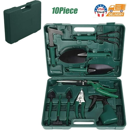 SHANNA Gardening Tools Set Planting Kit with Carrying Case, Includes Shovel, Rake, Fork, Weeder, Trimmer, Gardening Gift for Men and Women (10 Piece Set)