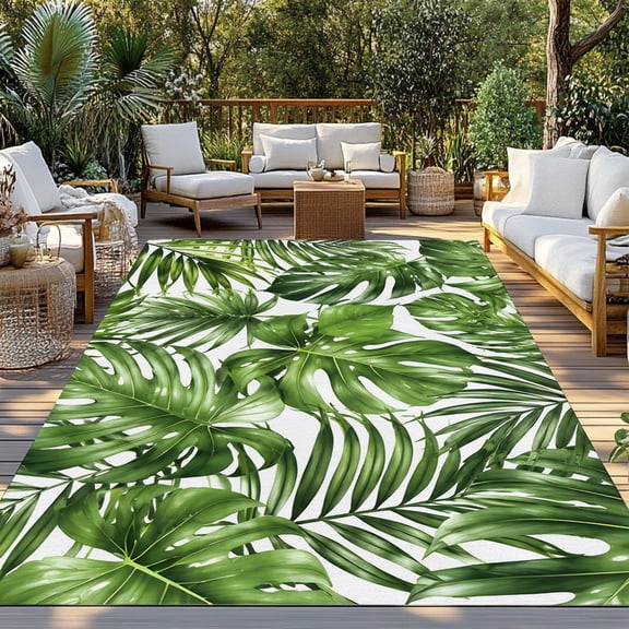 Outdoor Rug, Summer Monstera Palm Leaf Seamless Indoor Area Rug Outdoor Carpet RV Camping Rugs 3x5ft Tropical Green Botanical Outside Mat for Patio Picnic Porch Deck Balcony Backyard