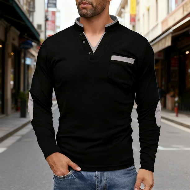 pstuiky camisa de manga larga para hombre, Blusa/camiseta informal y moderna de color liso con cuello en V, manga larga y bolsillos abotonados para hombre Tops de hombre m