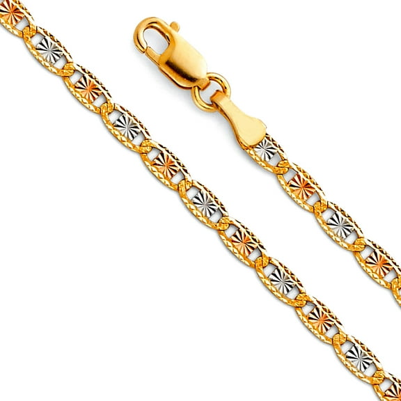 14k 2.6mm Yellow Gold White Gold and Rose Gold Rail Sparkle-Cut Chain Necklace 18 Inch Chain Necklace for Women and Men