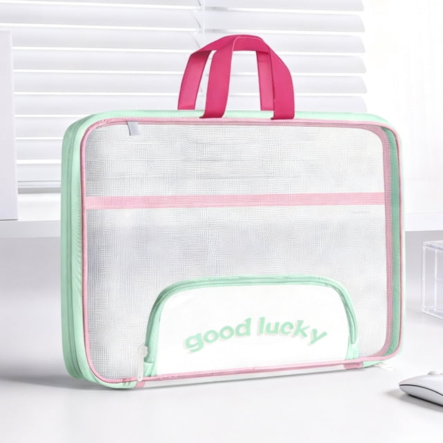 Large Capacity Mesh Zipper File Bag Portable Handheld Document Organizer Transparent Storage Pouch Subject Classification Folder Durable Waterproof Bag For Office School Travel Use