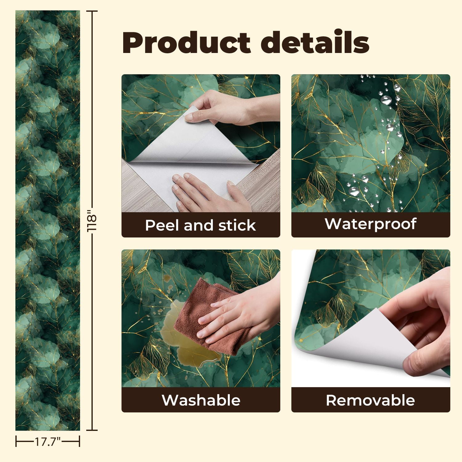 Peel and Stick Wallpaper 17.7in x 9.8ft Abstract Green Gold Botanical Leaves Watercolor Contact Paper Vinyl Self-Adhesive Removable Wall Paper for Bedroom Kitchen Cabinet Décor Renter Friendly