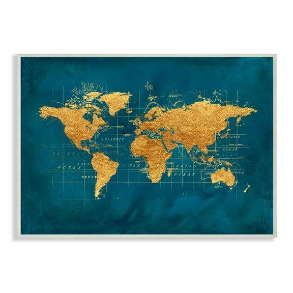 Stupell Industries World Map Gold Blue Texture Watercolor Chart Design Wall Plaque by Beth Albert, 13" x 19", Wall Plaque