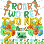 Green Dinosaur 2nd Birthday Party Decorations - ROAR TWO REX Banner & Dinosaur Latex Foil Balloons Cake Toppers for 2 Years Old Boys & Girls Birthday Party Supplies