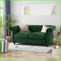 Green Velvet Chesterfield Loveseat | Rolled Arms | Tight Back | Tufted Nailhead Sofa for Living Room