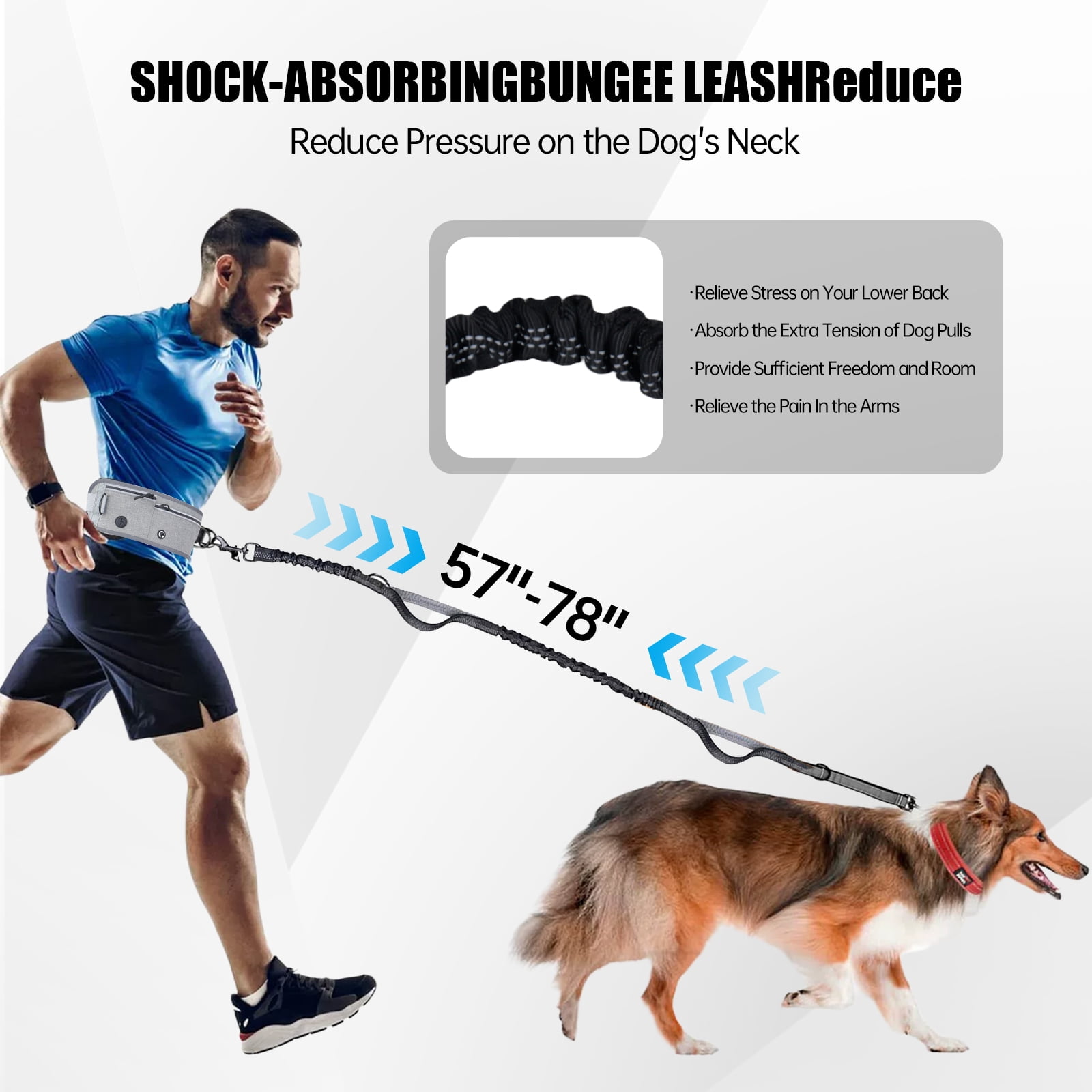 Hands Free Dog Leash with Waist Belt & Storage - Bungee Shock Absorber for All Size Dogs