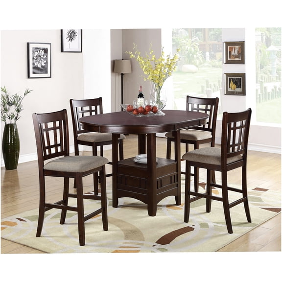 Modern Counter Height 5-Piece Dining Set with Round Expandable Table and 4 Upholstered Chairs, Dark Rosy Brown Solid Wood