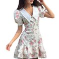 thumbnail image 2 of Vintage Dress for Women 1950s Pastoral Style Cocktail Dresses Lapel Puff Sleeve Back Tie Mini Dress Pink S, 2 of 10