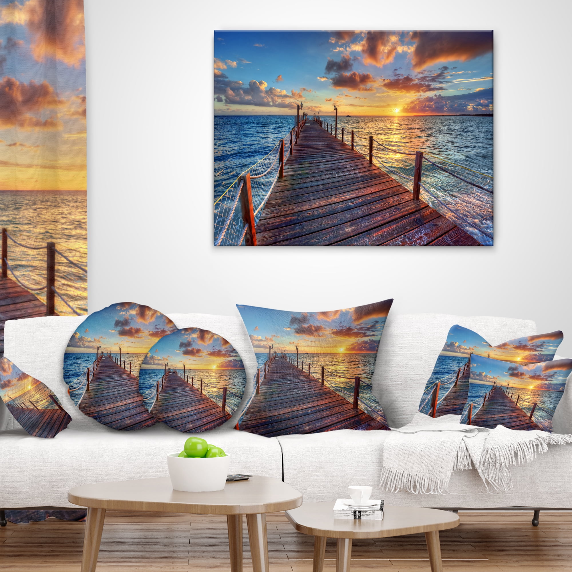 Designart Beautiful Sunset over Sea Pier - Modern Throw Pillow - 12x20