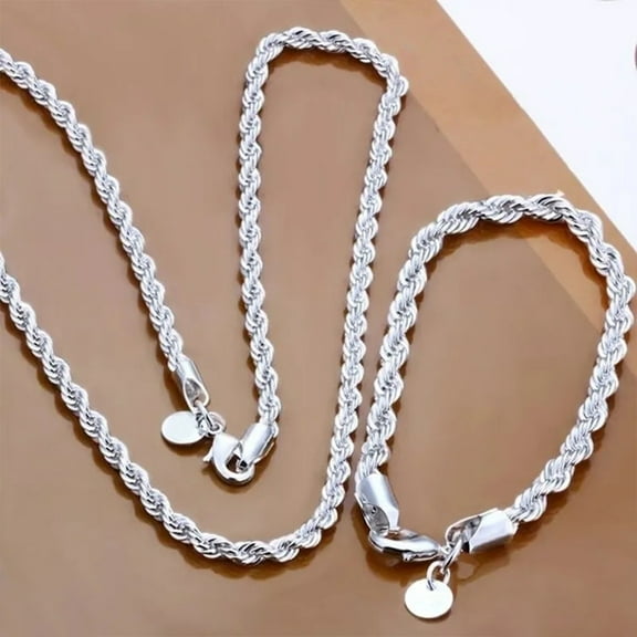Huepoe Twisted Rope Chain Necklace Bracelet Set Silver Metal Chunky Chain Jewelry for Women Men for Christmas Valentine's Day Birthday Gifts