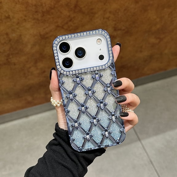 for iPhone 17 Case, Glitter Diamond Camera Frame   Floral Back Case, Luxury Shiny Plated Slim Sparkly Shockproof Protective Anti-Scratch Lightweight Women Girls Case, Blue