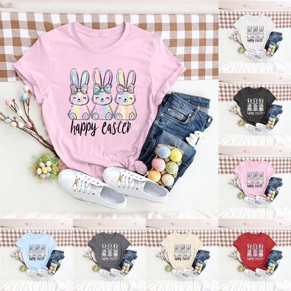 VKOYWKM Easter Shirts Women Funny Easter Bunny Rabbit Eggs Graphic Tees Casual Short Sleeve T Shirts Summer Crew Neck Holiday Top Tshirts