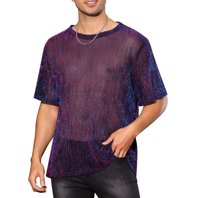 Camiseta de manga corta transparente con brillo para hombres, ropa de fiesta y club, camiseta de malla metálica brillante, M azul rojo