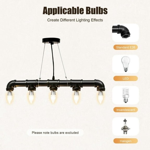 5-Light Industrial Steampunk Black Water Pipe Hanging Lamp Pendant Light for Kitchen Island