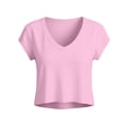 thumbnail image 6 of Women's V-Neck Crop Top, Short Sleeve Casual Solid Color T-Shirt Y2K Tops Travel Outfit Pink XXL, 6 of 6