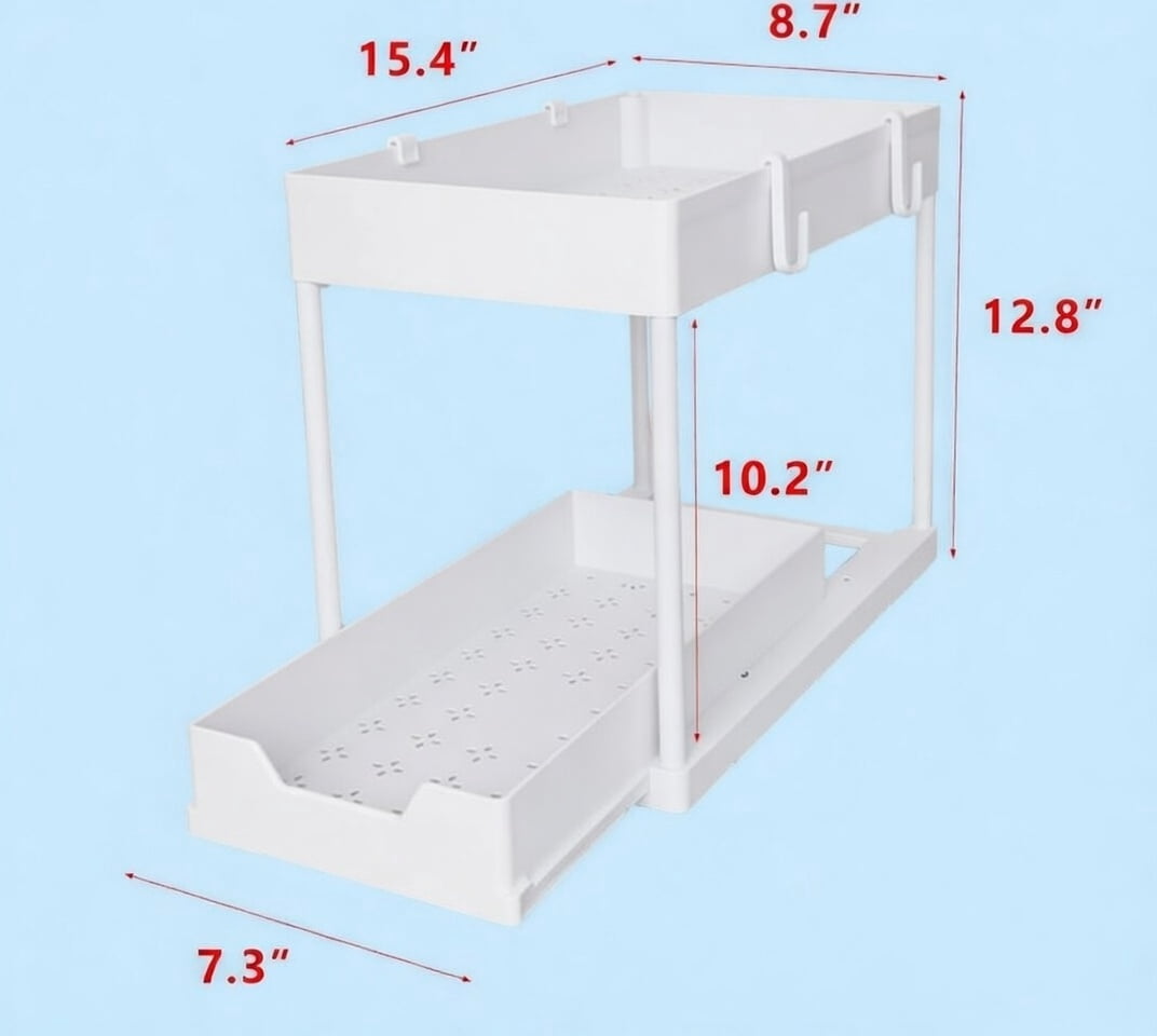 2-Tier Pull-Out Cabinet Organizer Sliding Storage Shelf - Under Sink or Kitchen Cabinet Organizer with Baskets and Hooks
