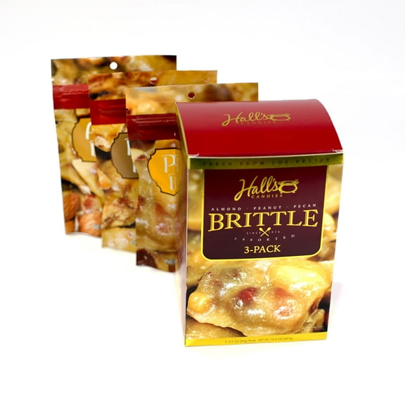 Hall's Assorted Brittle Variety Pack, 3.5 Oz Bags (Pack of 3), Peanut Brittle - Almond Brittle - Pecan Brittle