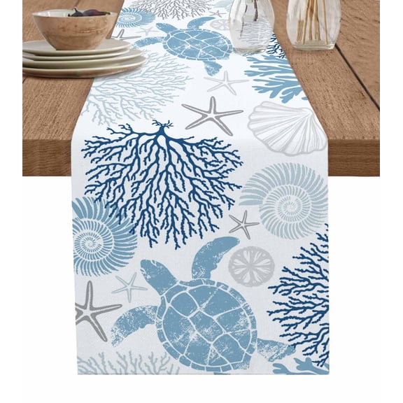 Navy Blue Coastal Turtle Table Runner 90 Inches, Ocean Coral Nautical Bed Runner Dresser Scarves Tabletop for Indoor Outdoor Parties/Ceremony/Banquet, 13" x 90"