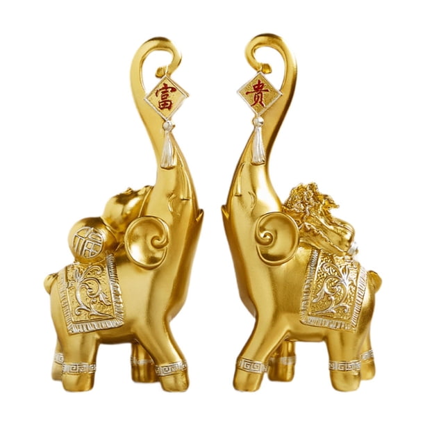 1 par de estatuas de elefante, adorno de mesa de resina, decoración tradicional Fengshui para el hogar. Dorado