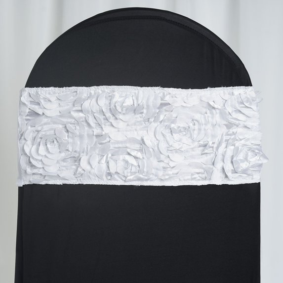 Efavormart 5 Pack White Satin Rosette Spandex Banquet Wedding Chair Sashes Band For Wedding Party Banquet Event Decoration