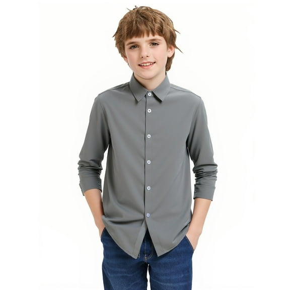 Aideaone Boys' Button-Up Dress Shirt Boys School Uniform Long Sleeve Collared Shirt, Sizes 8-14